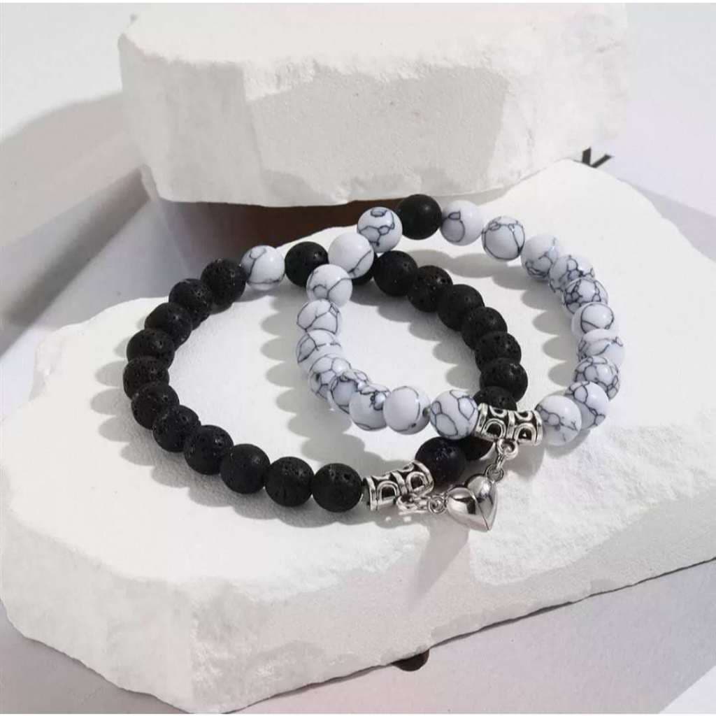 Conjunto de Pulseiras para Casal e Amizade - Contas e Pingente de Coração Magnético