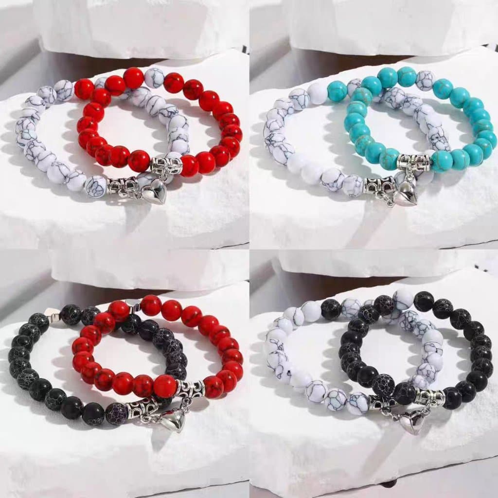 Conjunto de Pulseiras Magnéticas Casal Amizade - Pulseiras de Contas com Pingente Coração