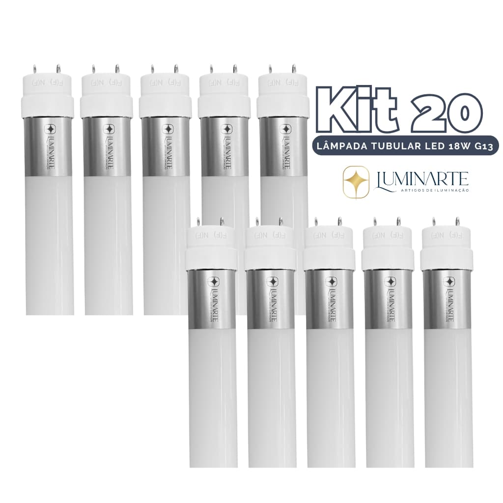Kit 20 Lâmpadas Led Tubular T8 Bivolt 18w 120cm G13 Vidro 6500k Branco Frio(LUZ BRANCA) - Luminarte
