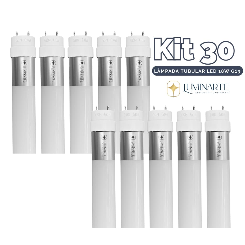 Kit 30 Lâmpadas Led Tubular T8 Bivolt 18w 120cm G13 Vidro 6500k Branco Frio(LUZ BRANCA) - Luminarte