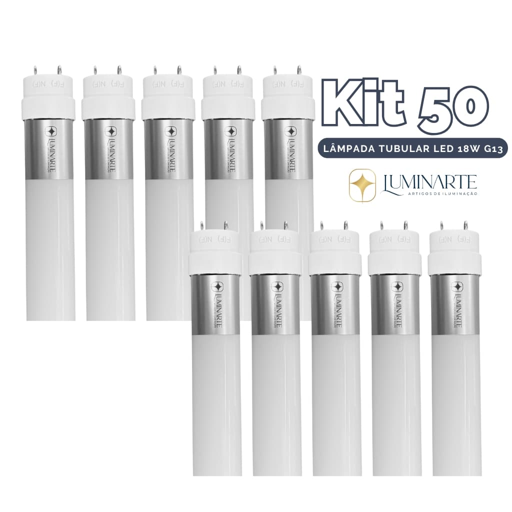 Kit 50 Lâmpadas Led Tubular T8 Bivolt 18w 120cm G13 Vidro 6500k Branco Frio(LUZ BRANCA) - Luminarte