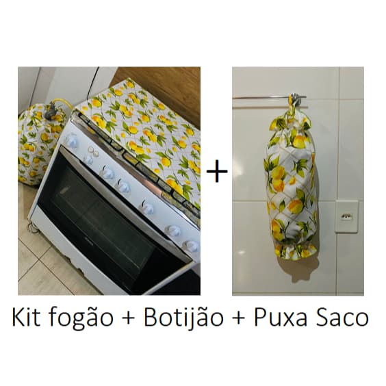 KIT CAPA DE BOTIJÃO + PANO DE FOGÃO + PUXA SACO. CUIDADOS COM SUA COZINHA. ARTIGOS DE COZINHA. PREÇO DE FÁBRICA.