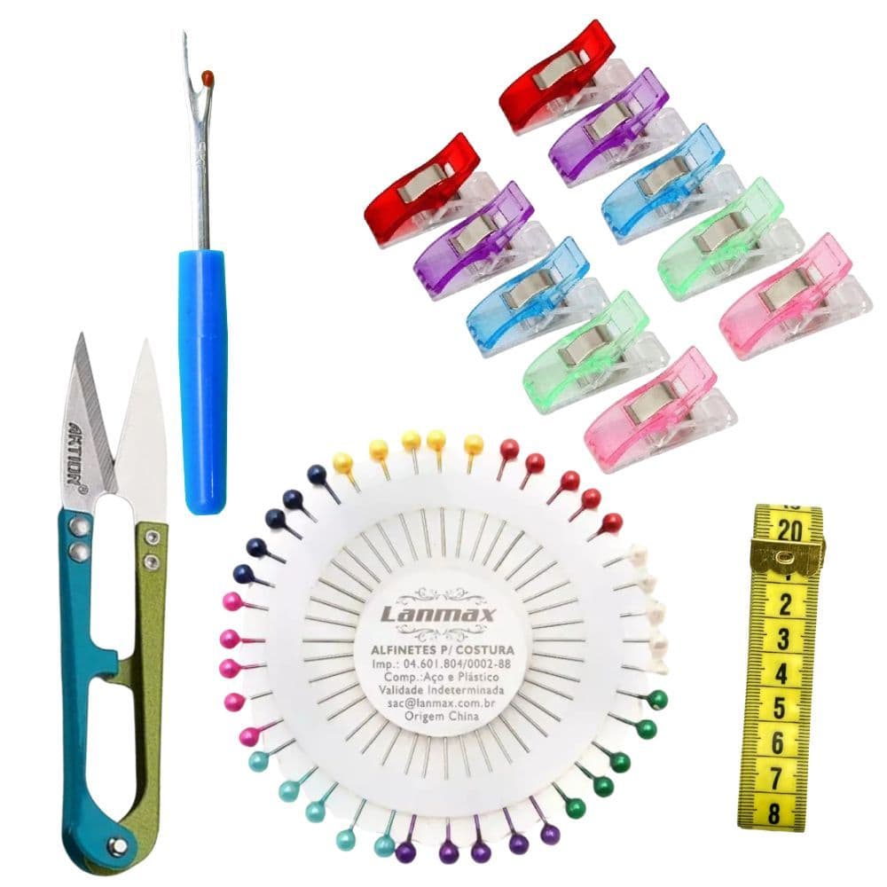 Kit Costura Tesoura Fita Métrica Abridor de Casinha Alfinete e Prendedor Pequeno