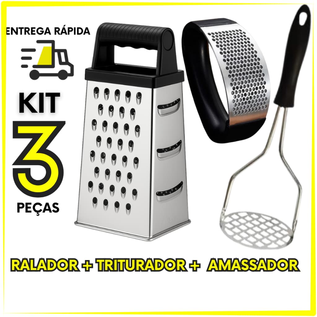 Kit 3 Itens Em Inox Ralador Multiuso De Legumes Amassador De Batata Triturador De Alho Para Cozinha