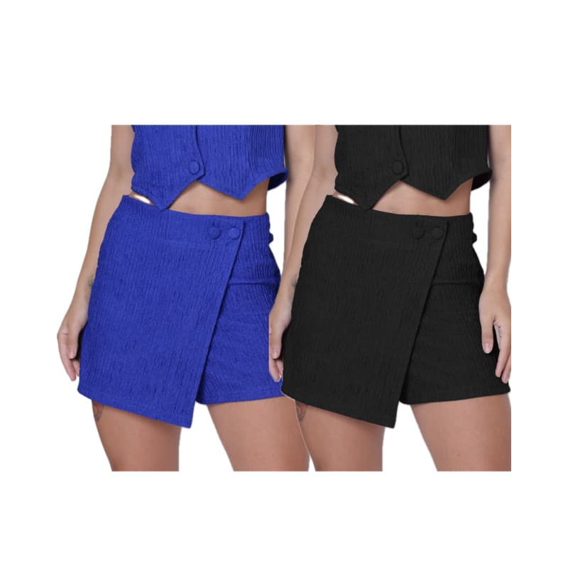Short Saia Feminina Anarruga Importada Detalhe  Botões Cintura Alta Casual Elegante