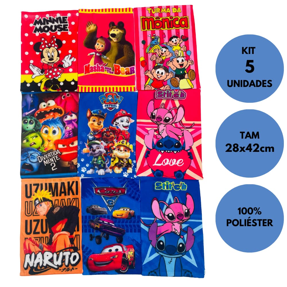 Kit 5 Toalhas Lavabo Escolar Infantil Boca e Mão Personagens 28x42