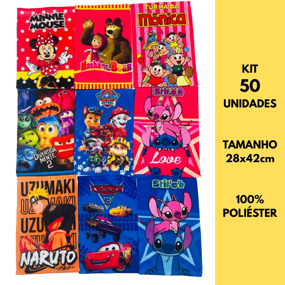 Kit 50 Toalhas Lavabo Escolar Infantil Boca e Mão Personagens 28x42