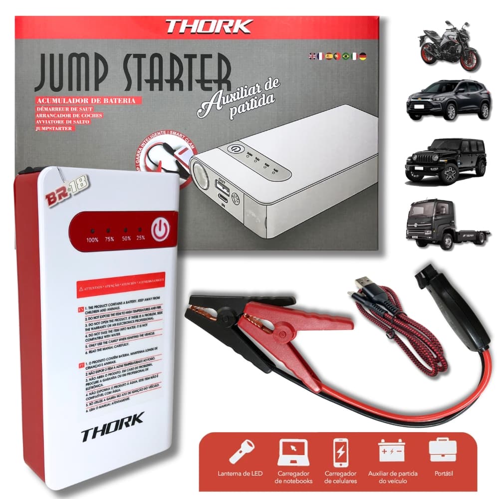 Acumulador de Bateria Auxiliar De Partida Chupeta Carregador Portátil 7500mAh Cabo