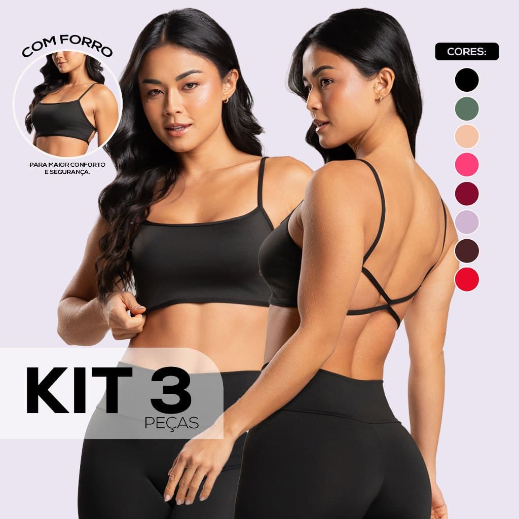 Kit 3 Top Academia Fitness Costa Nua Com Forro e Alça Fina Com Elástico Na Barra Encaixe pra Bojo
