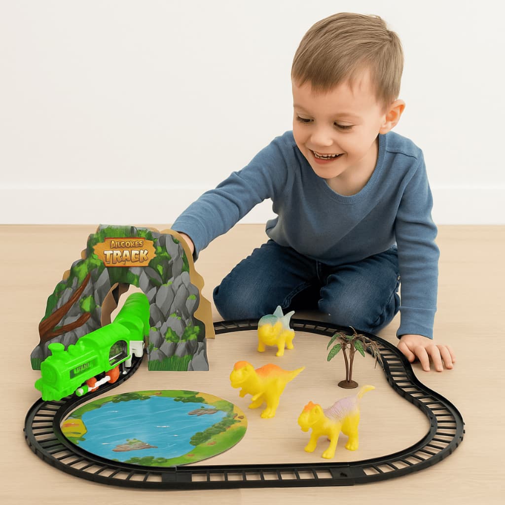 Trenzinho Elétrico Infantil Locomotiva com trilhos e dinossauros Brincar com Trem Dia das Crianças Presente Menino