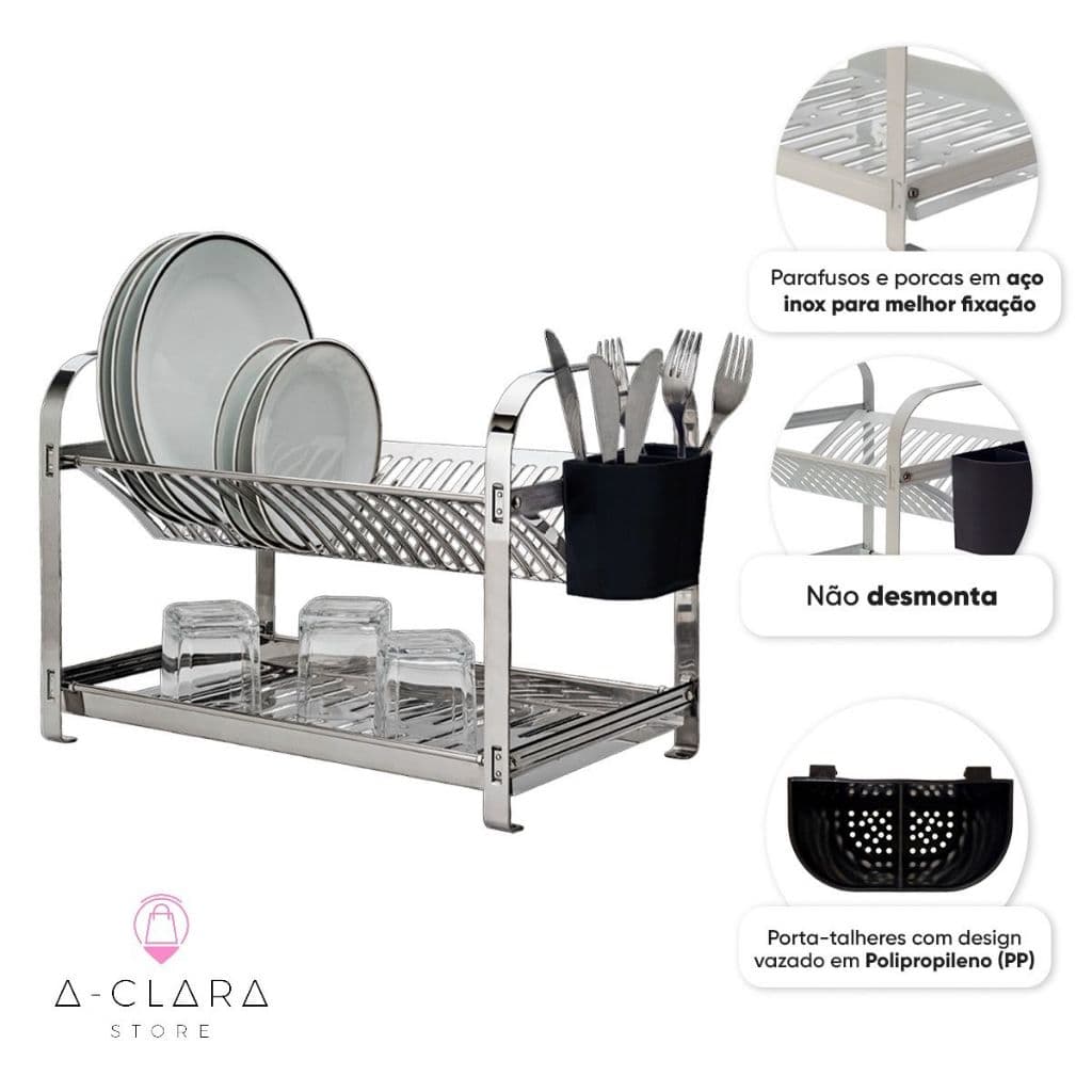 Escorredor de Louça Inox Parafusado 2 Andares para 20 Pratos Não Desmonta Resistente e Durável