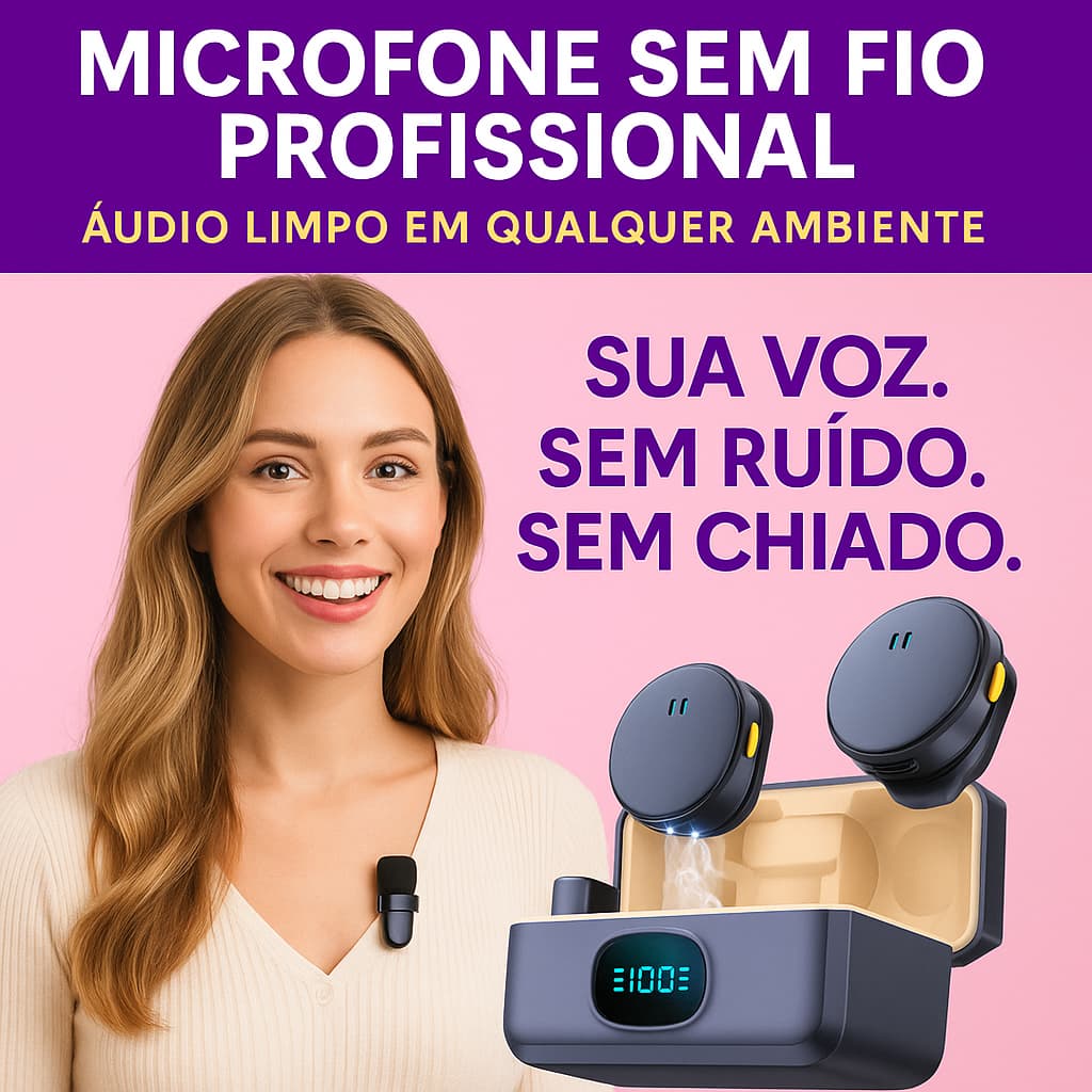 Microfone Lapela Duplo Sem Fio – Captação Nítida, Anti-Ruído, iPhone/Android