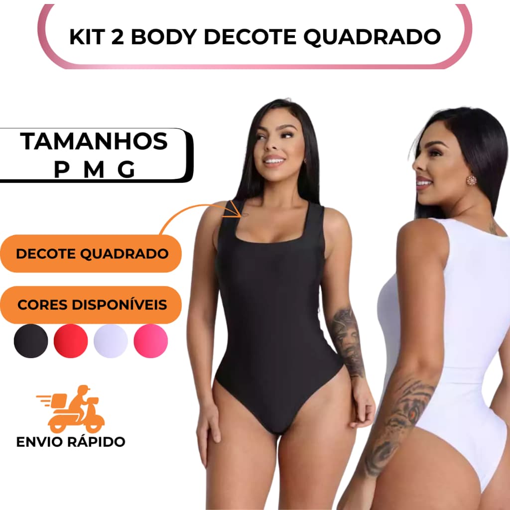 Kit 2 Body Feminino Decote Quadrado Forro Duplo Alças Grossas Moda Gringa Suplex Premium