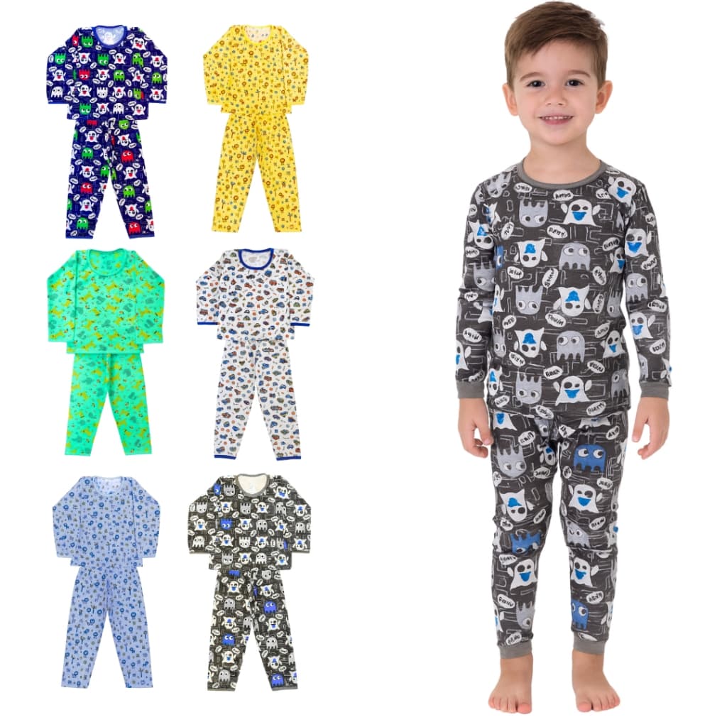 Kit 8 Peças Pijama Infantil Menino Manga Longa – 4 Calças + 4 Camisetas