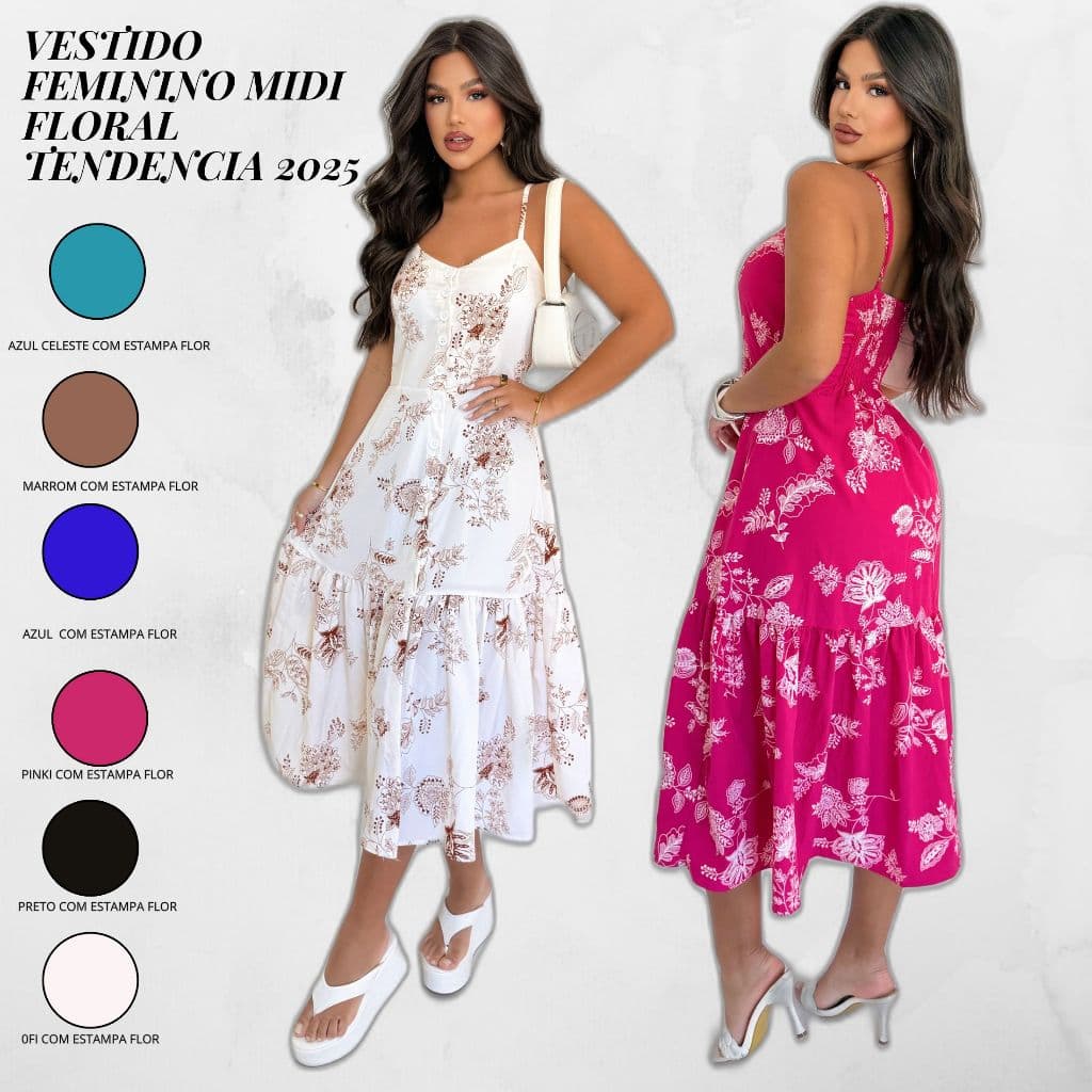 Vestido Mídi Floral Alça Fina Verão Casual Elegante 2026