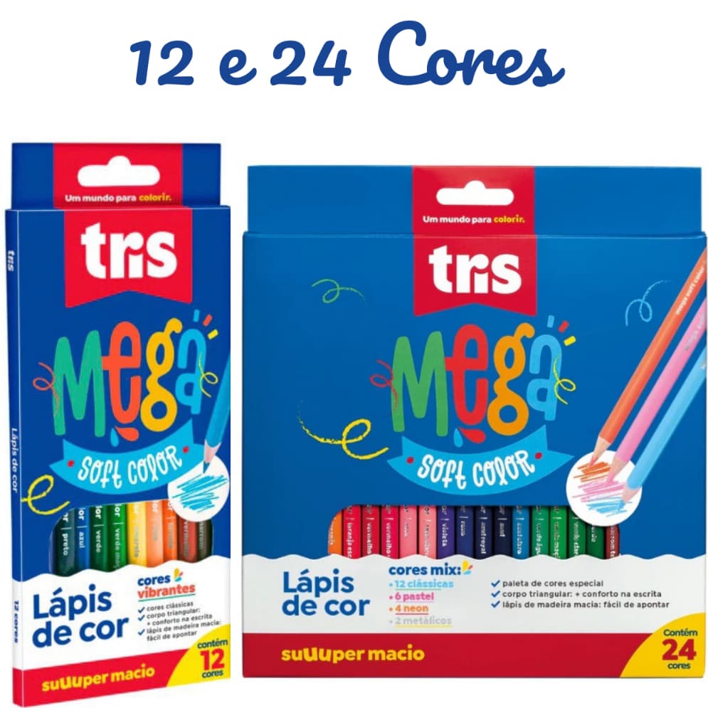 Lápis de Cor Mega Soft Color TRIS 12 e 24 Cores Papelaria Material Escolar Escrita Macia