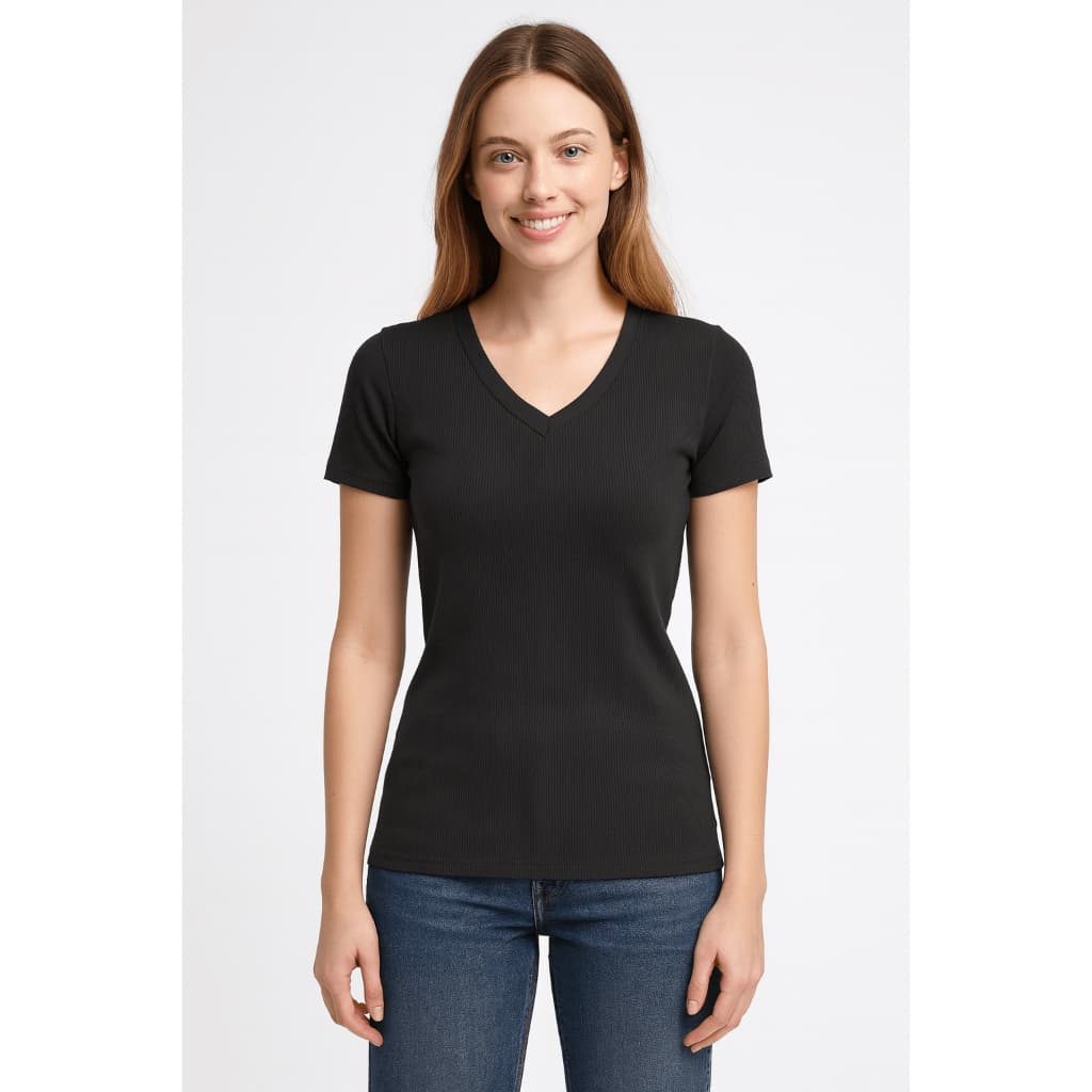 Camiseta Feminina Canelada Gola V Manga Curta Básica Confortável Premium