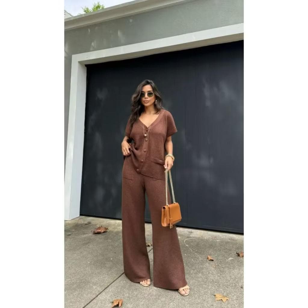 Conjunto Feminino Tricot Calça Pantalona e Max Colete Blusa Regata com Botões Kimono Moda Tendência