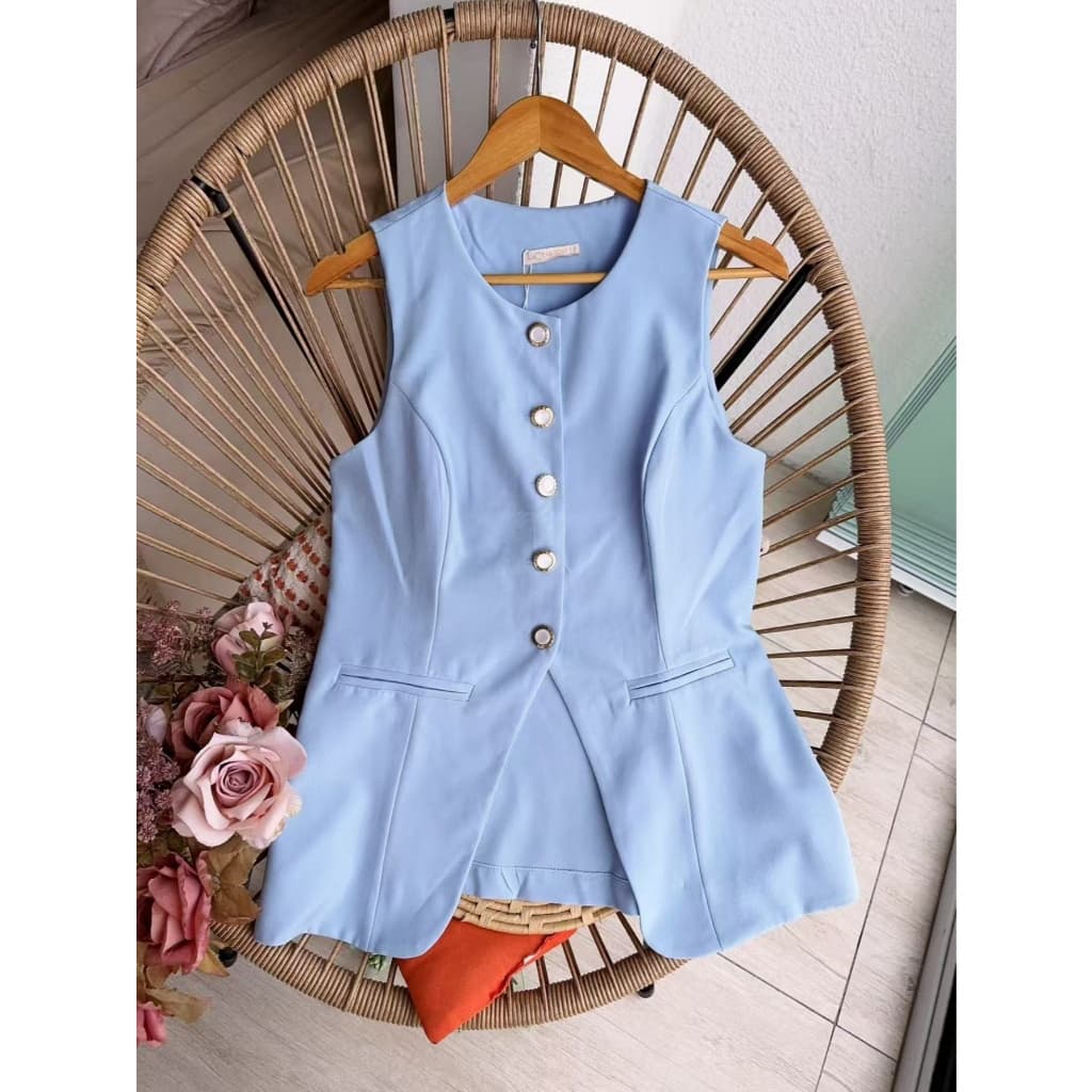 Lindo Max Colete #611 Feminino De Cor Sólida Com Gola Redonda E Botões moda feminina