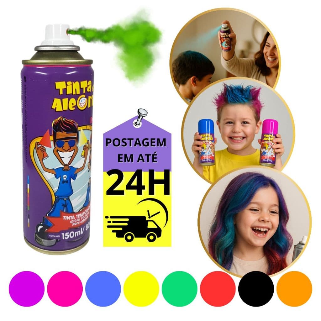 SPRAY TINTA DA ALEGRIA TODAS AS CORES TEMPORARIA CABELO MALUCO DIA DAS CRIANÇAS CARNVAL