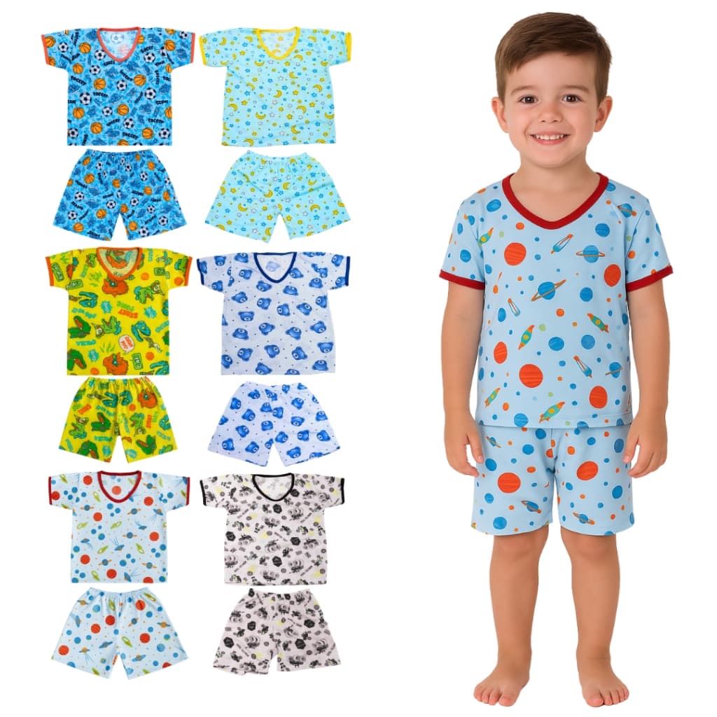 Kit 4 Peças Pijama Infantil Menino Manga Curta Sendo 2 Camisetas + 2 Bermudas Tamanho 2 ao 8 Anos
