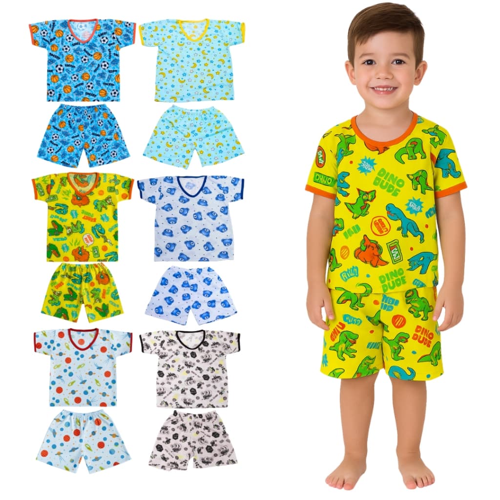 Kit 6 Peças Pijama Infantil Masculino Sendo 3 Camisetas + 3 Bermudas 2 ao 8 Anos