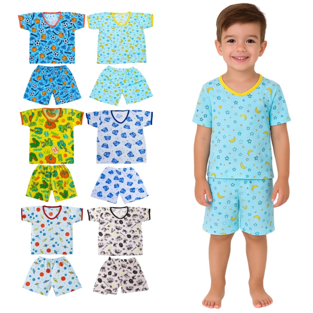 Kit 8 Peças Pijama Infantil Masculino Sendo 4 Camisetas + 4 Bermudas 2 ao 8 Anos