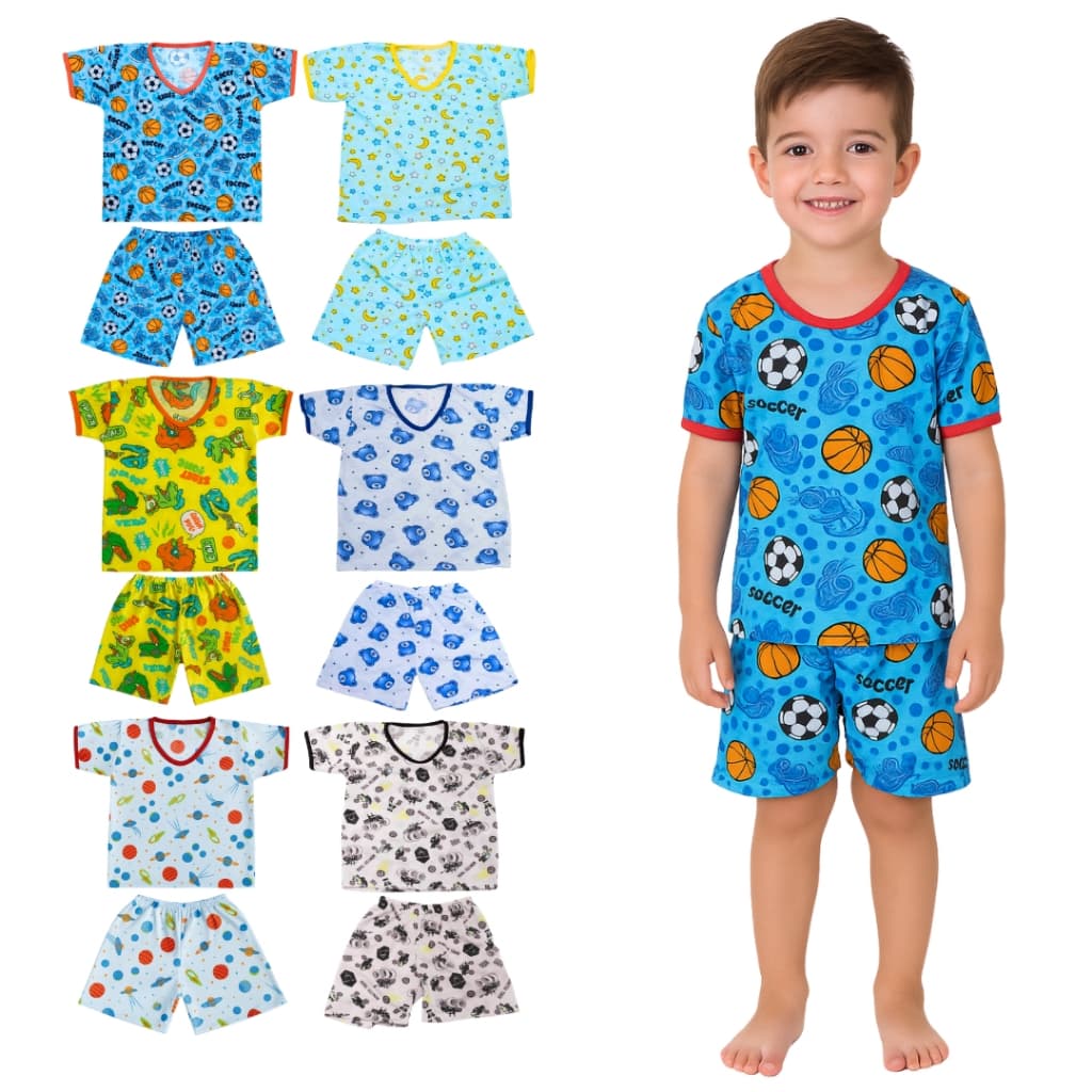 Kit 10 Peças Pijama Infantil Masculino Sendo 5 Camisetas + 5 Bermudas 2 ao 8 Anos