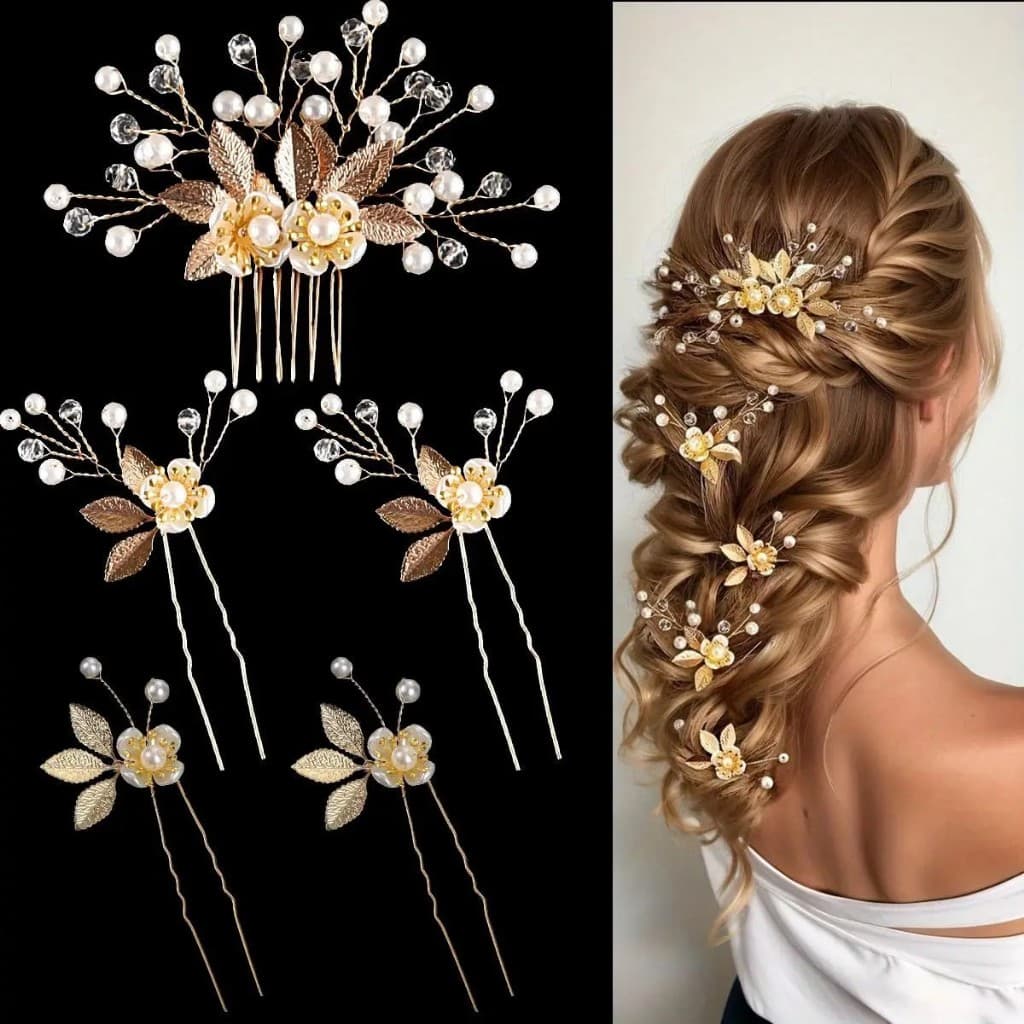 Kit 5 Grampos de Cabelo Noiva Pérola Dourado Cristal Acessórios Casamento Festa Debutante Madrinha Elegante Atemporal