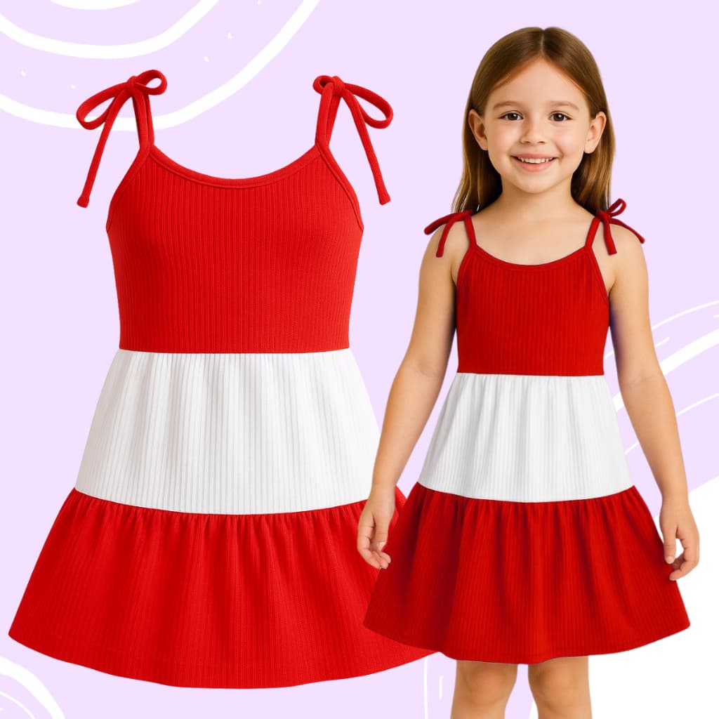 Vestido Infantil três Marias Vermelho e Branco Alça de Amarrar – Moda Menina estilosa