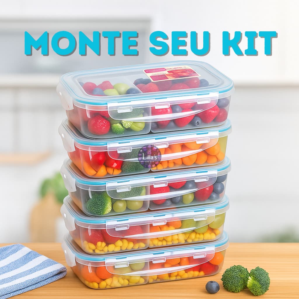 Kit 3, 4, 5 e 10 Marmita Hermética Fitness Transparente de 1L com divisórias Vedação Colorida