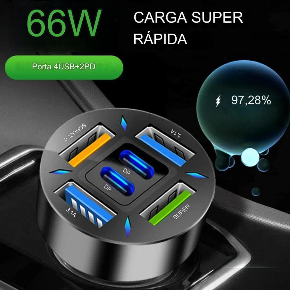 Carregador de Celular Para Carro 66W Turbo Entradas USB + PD Carregador Veicular