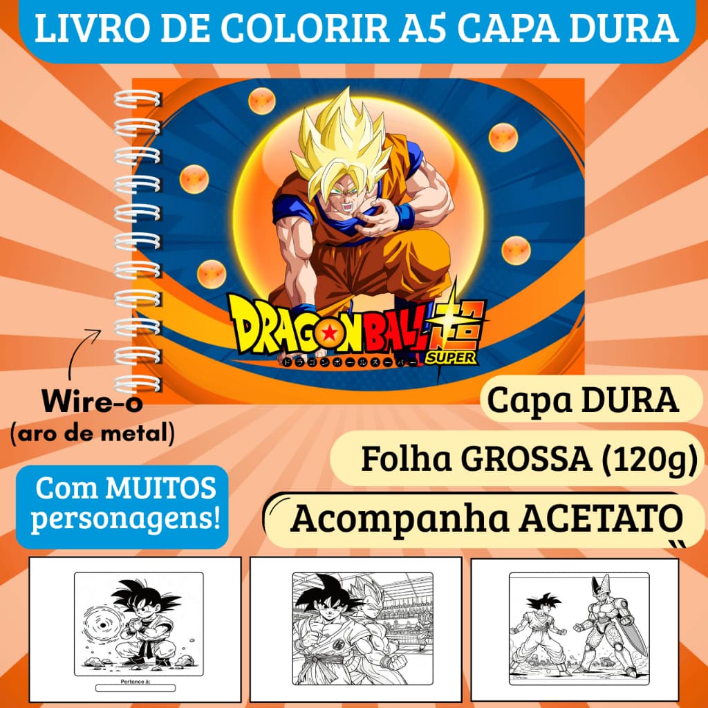 Livro de Colorir Dragon Ball (Capa Dura, Folha Grossa 120g, Acetato) - 50 desenhos, Caderno de Colorir, Goku