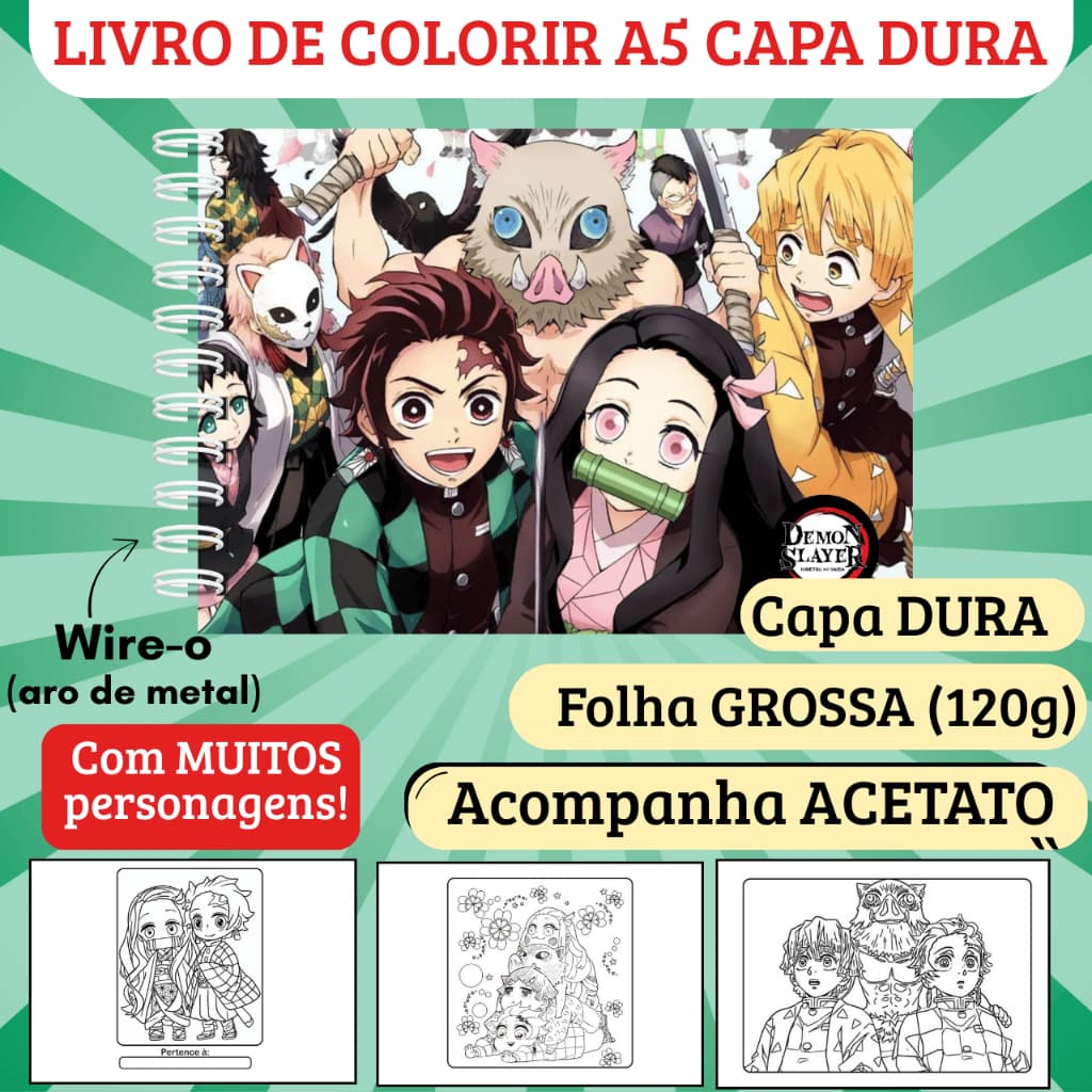 Livro de Colorir Demon Slayer (Capa Dura, Folha Grossa 120g, Acetato) - 50 desenhos, Caderno de Colorir