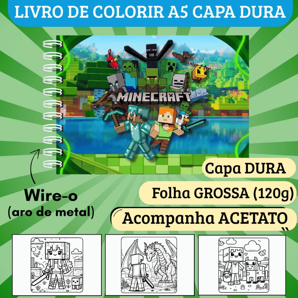 Livro de Colorir Minecraft (Capa Dura, Folha Grossa 120g, Acetato) - 50 desenhos, Caderno de Colorir