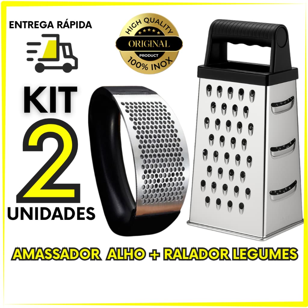 Kit 2 Peças Amassador De Alho e Ralador Multiuso De Legumes Em Aço Inox Para Cozinha Restaurantes