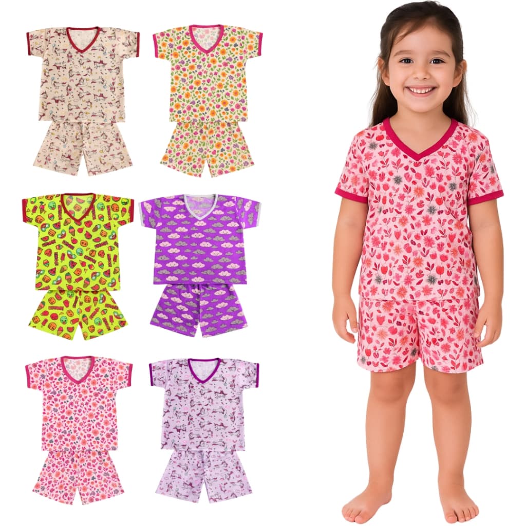 Kit 6 Peças Pijama Infantil Feminina Sendo 3 Camisetas + 3 Shorts 2 ao 8 Anos