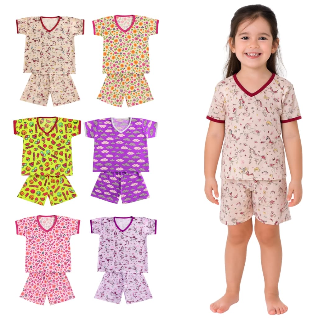 Kit 4 Peças Pijama Infantil Feminina Manga Curta Tamanho 2 ao 8 Anos
