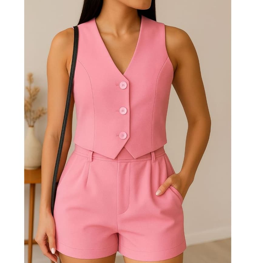 CONJUNTO ALFAIATARIA FEMININO SHORT COM BOLSO E COLETE MODA VERÃO