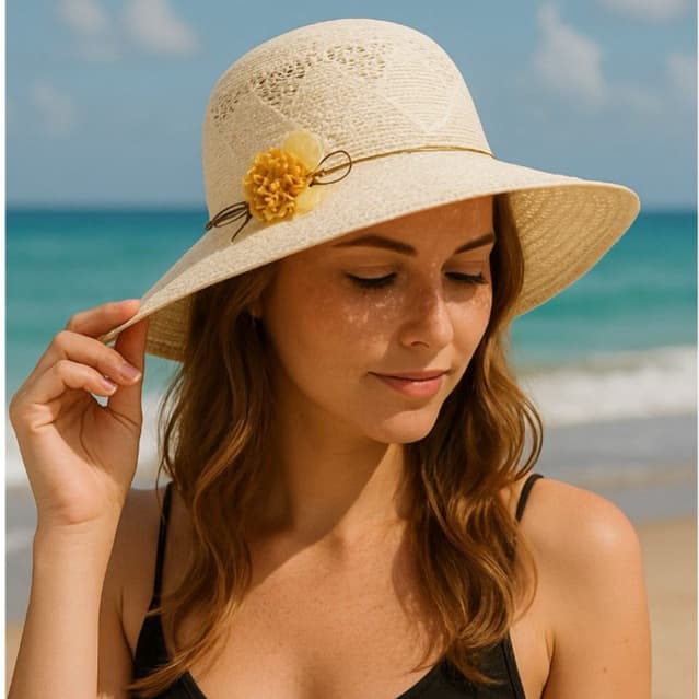 Chapéu Feminino Floppy  Aba Grande com Apliques Lindos e Luxuosos
