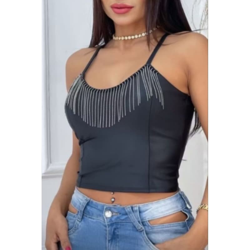 Cropped feminino couro fake  c/franja blusas lançamento