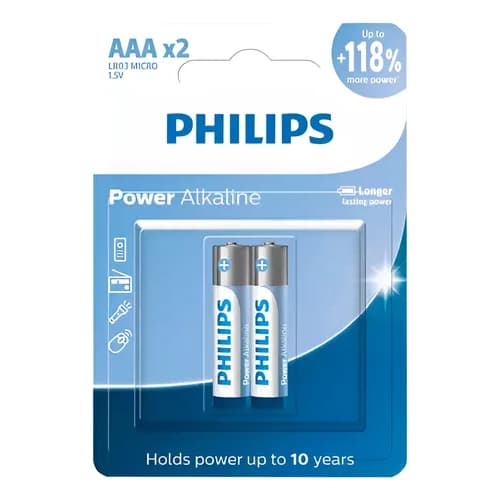 Pilha Alcalina Philips AAA (LR03P2B/59) – Blister com 2 unidades, longa duração 1.5 V