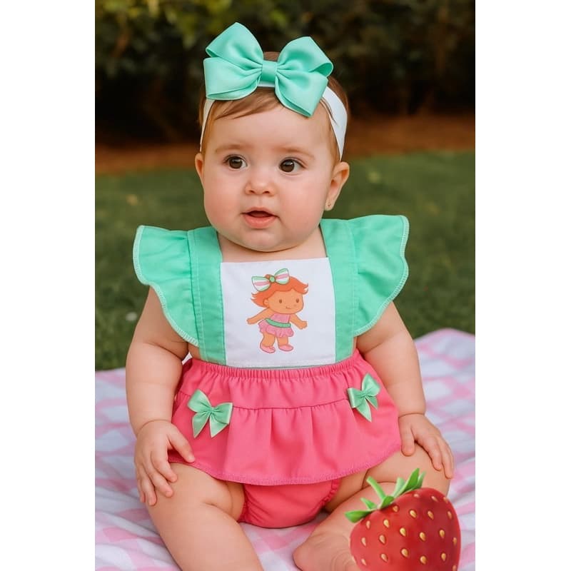 Jardineira Romper Bebê Menina Body Temático Book Festa Mesversário moranguinho baby pra sua princesa