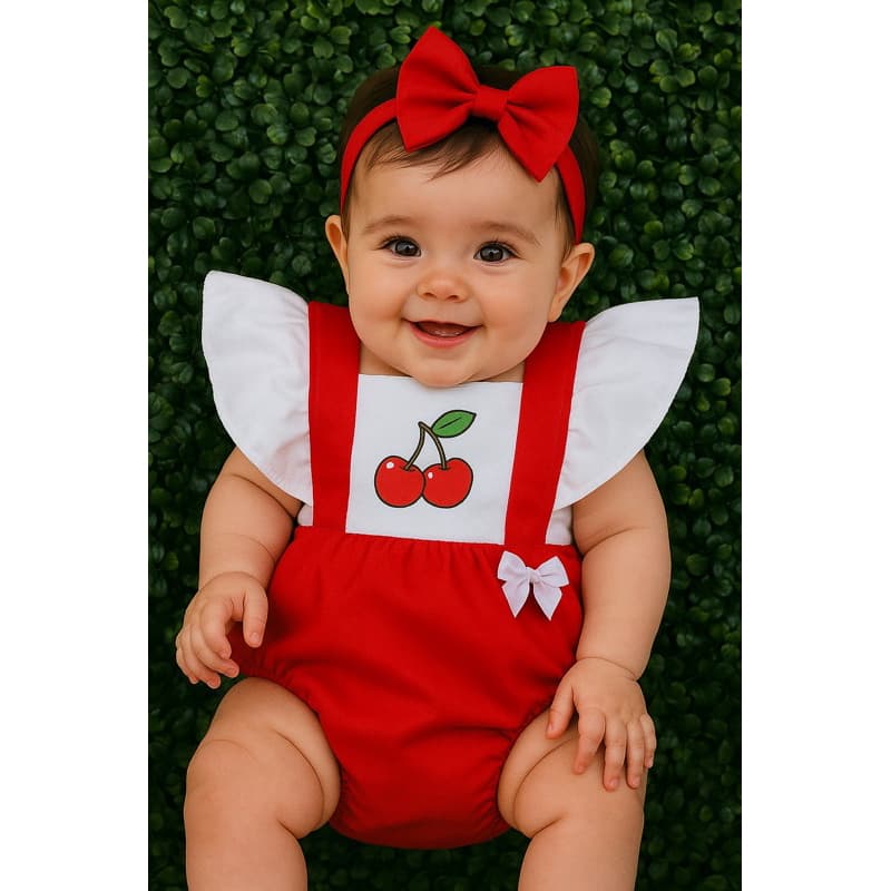 Jardineira Romper Bebê Menina Body Temático Book Festa Mesversário frutinhas cereja cerejinha pra sua princesa