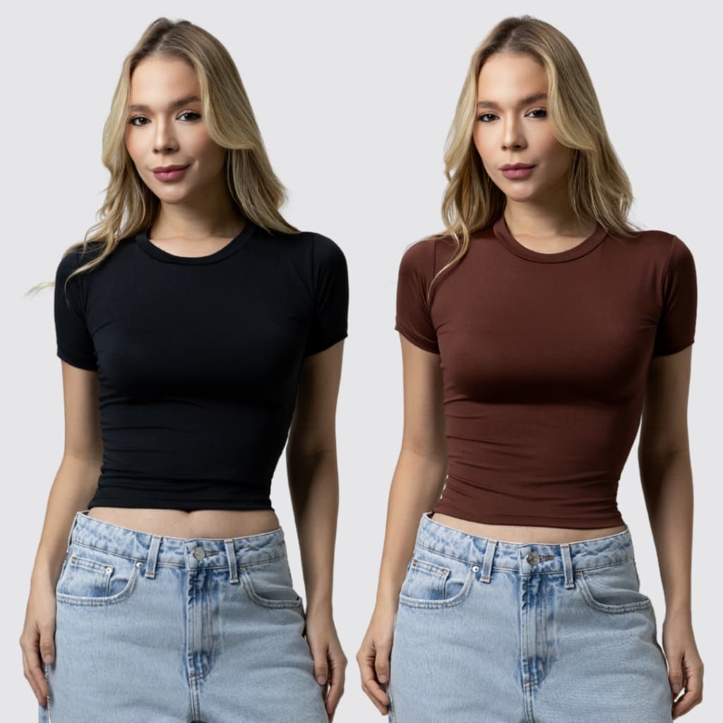 Kit 2 Baby Tee Feminina - Blusa Slim Fit Manga Curta Blusa de Compressão Várias Cores Ajuste Perfeito