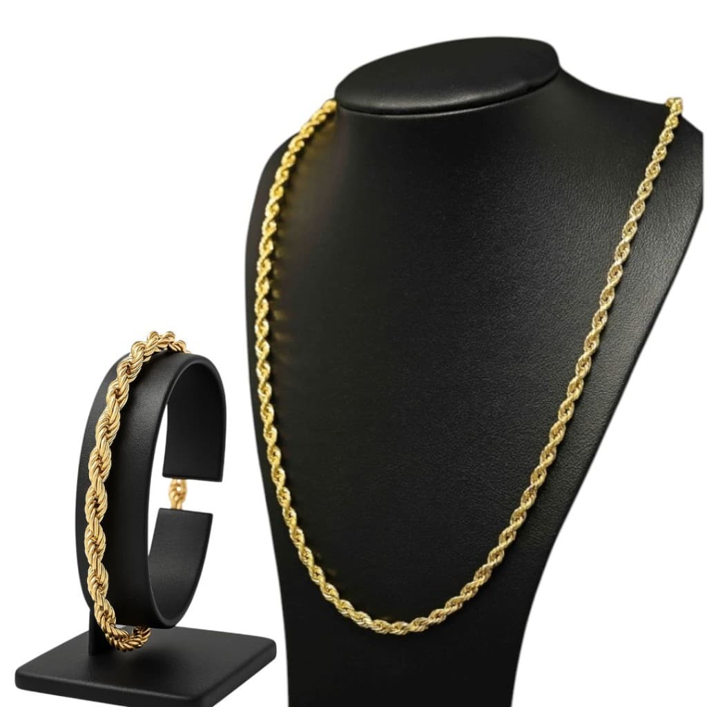 Corrente e Pulseira Masculina – Conjunto Cordão Baiano 60cm x 3mm em Aço Inox Banhado a ouro 18k