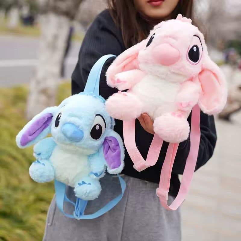 Mochila Stitch rosa e azul pelúcia