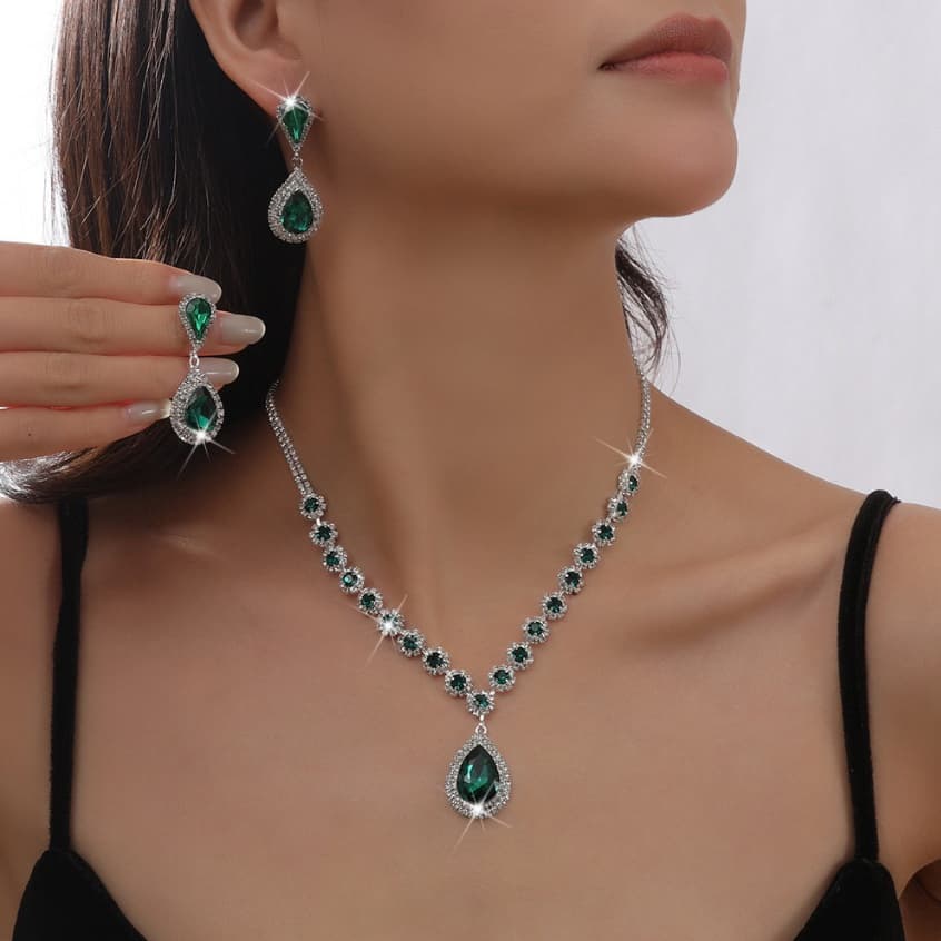 Conjunto de brincos e colar de noiva com cristal, vestido de noiva, acessórios para vestido de banquete verde