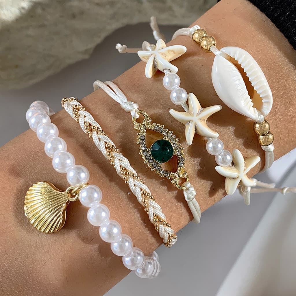 Conjunto de 5 pulseiras trançadas estilo boêmio com contas de arroz e estrela do mar