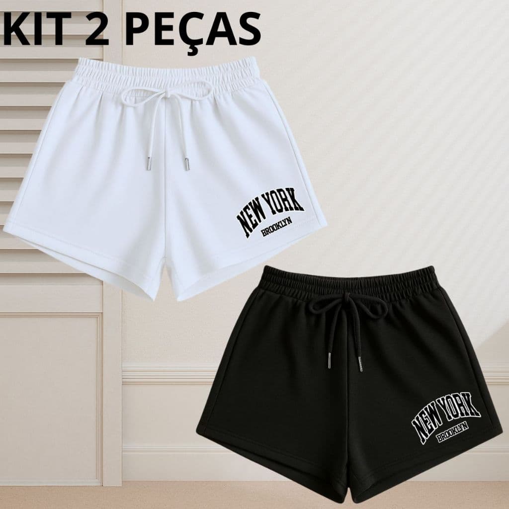 Kit 2 Shorts Moletom Feminino Básico Casual Confortável New York